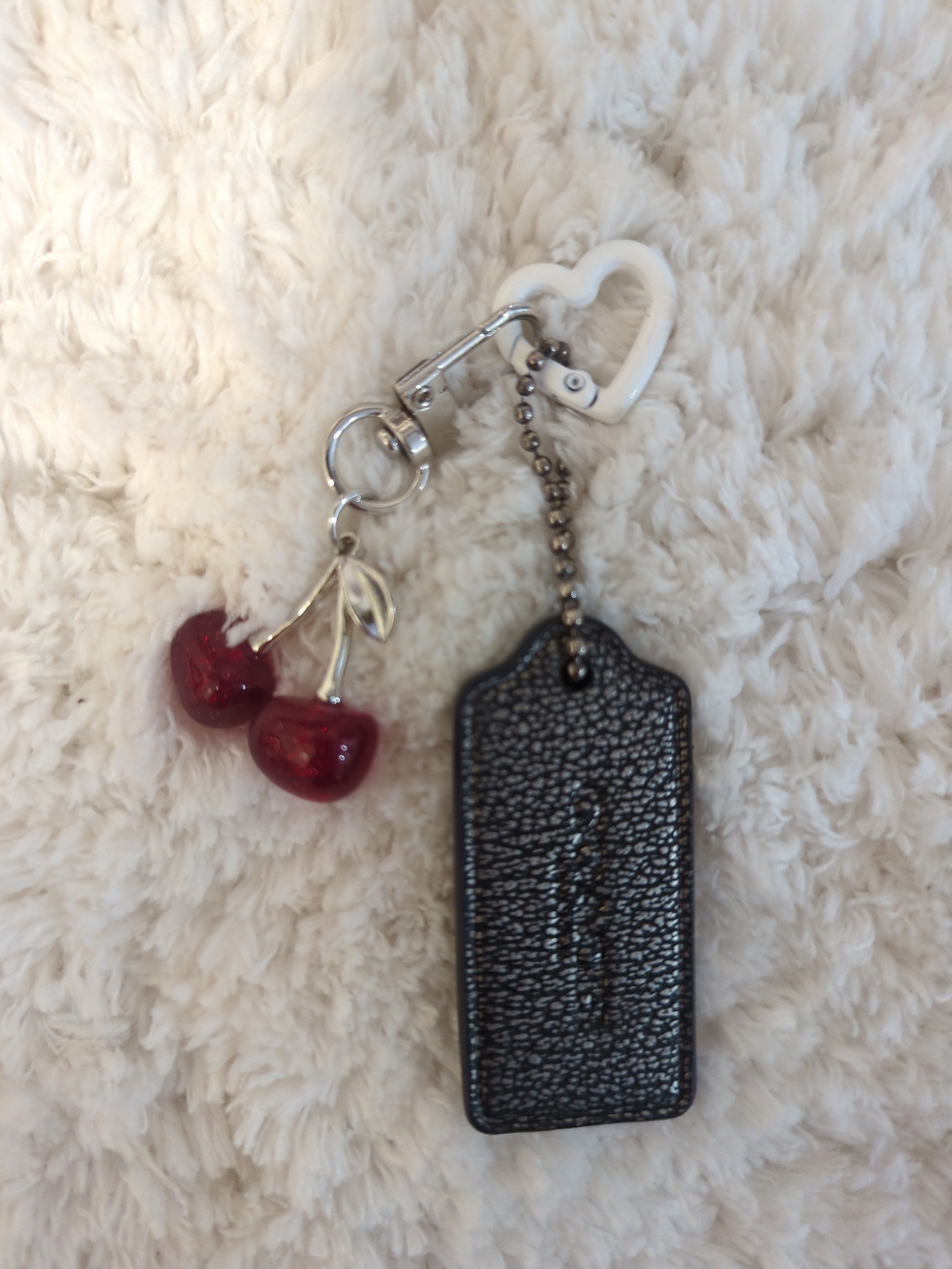 Coach Black Leather Metallic Gunmetal Leather Hangtag + Red Cherry Charm Heart